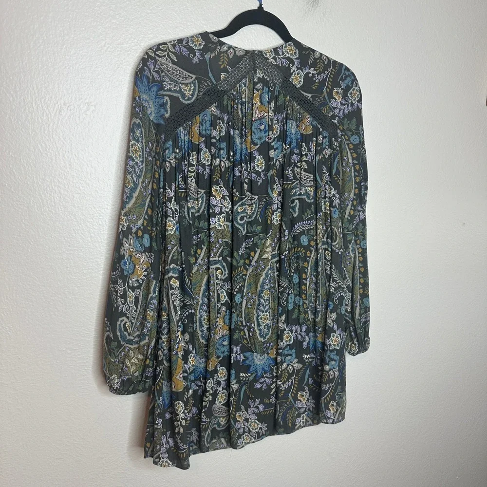 Free People Rain or Shine Tunic Mini Dress Paisley Blue Floral Crochet Size XS